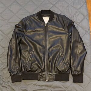 Bershka Men's Black Faux Leather Bomber Jacket